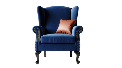 Elegant navy blue velvet wingback armchair with pillow isolated PNG, luxurious furniture for living room or bedroom decor