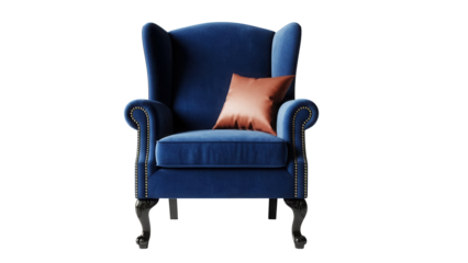 Elegant navy blue velvet wingback armchair with pillow isolated PNG, luxurious furniture for living room or bedroom decor
