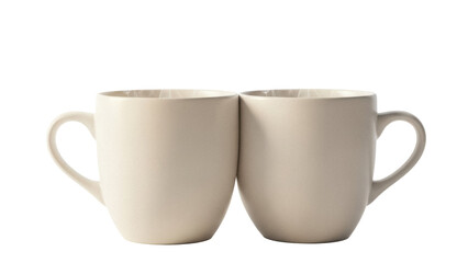 Two beige ceramic mugs isolated on transparent background, simple coffee cups PNG for kitchenware and drinkware design