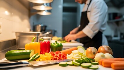 Chef Preparing Fresh Vegetable Slices in Modern Kitchen for Healthy Cooking