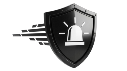 Black shield with siren isolated PNG on transparent background, security and protection concept for emergency services and safety