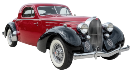 Classic red Cord 810/812 coupe PNG isolated on transparent background, vintage American car with black fenders and whitewall tires