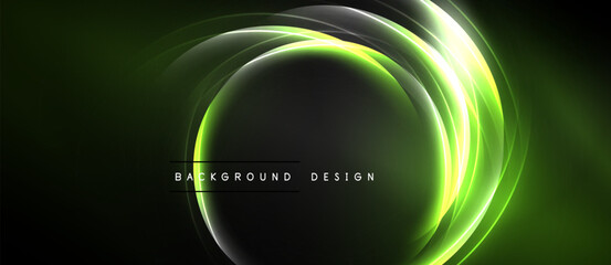 Abstract design features glowing circular layers. Green, yellow hues contrast dark background. Modern aesthetic, dynamic composition.