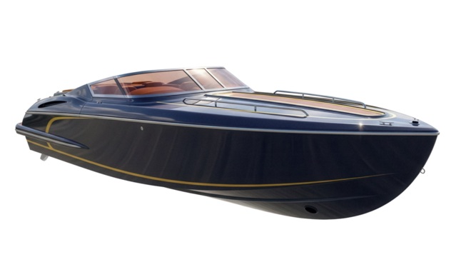 Sleek navy blue speedboat PNG isolated on transparent backdrop, luxury watercraft for recreation and high-speed boating adventures - Powered by Adobe