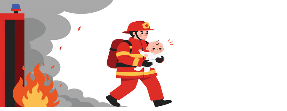 brave firefighter rescuing a baby from a burning building