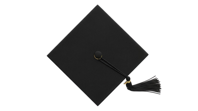 Black graduation cap PNG isolated on transparent background, academic mortarboard for education and commencement ceremonies - Powered by Adobe