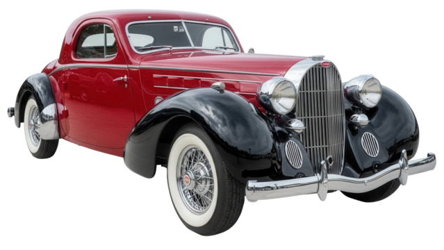 Classic red Cord 810/812 coupe PNG isolated on transparent background, vintage American car with black fenders and whitewall tires