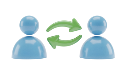 Blue people icons with green arrows isolated PNG, data exchange and communication concept on transparent background