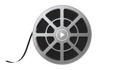 Obraz premium Film reel PNG isolated on transparent background, movie roll with play button for cinema and entertainment projects