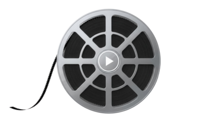Film reel PNG isolated on transparent background, movie roll with play button for cinema and entertainment projects