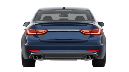 Sleek blue sedan car rear view isolated PNG, modern vehicle design with stylish taillights and exhaust system for automotive concepts