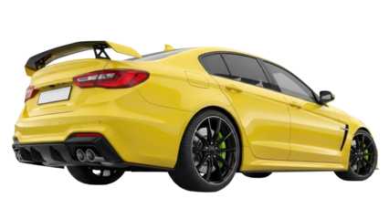Sporty yellow sedan car isolated PNG, rear view with spoiler and custom wheels, modern vehicle design for automotive concepts