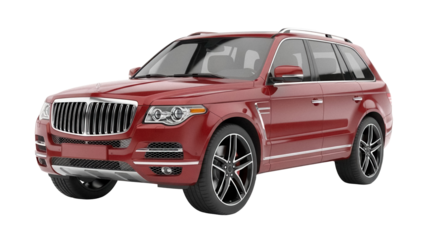 Red SUV car PNG isolated on transparent background, luxurious sport utility vehicle for family travel and off-road adventures