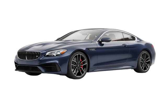 Dark blue luxury coupe car PNG isolated on transparent background, modern vehicle for transportation and automotive design