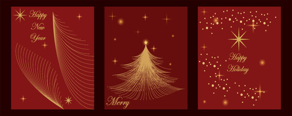 Luxury gold Christmas holiday invitation card vector design. Christmas tree, snowflakes, holly, fireworks with dotted texture on red background. Vector illustration.