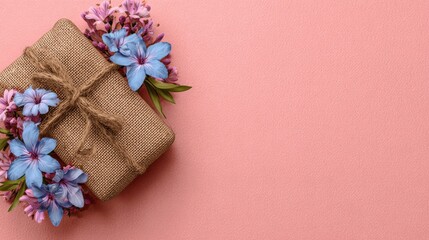Presentation of Flowers for Mothers Day in a Gift Box Decorated With Pink Flowers on a Bright Background