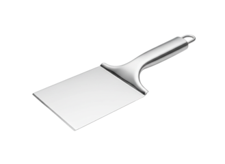 Stainless steel dough scraper cutter with sharp flat edge, smooth ergonomic handle and clean professional baking tool design, isolated on white or transparent background, PNG high detail product image