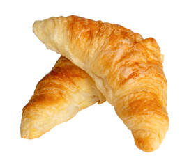 Top view of two brown or golden loaves of croissants in stack or heap isolated with clipping path in png file format