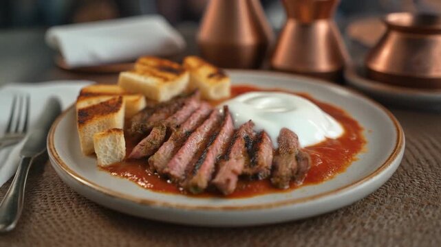 Grilled sliced meat served over rich tomato sauce with toasted bread and creamy yogurt, presented on a rustic plate in a warm, inviting dining setting.
