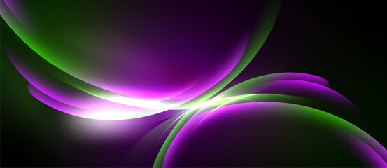 Abstract shapes blend purple, green hues. Bright light radiates center, creating dynamic visual effect. Smooth curves dominate composition.