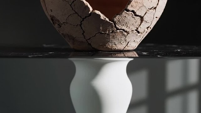 Cracked eggshell on reflective surface video shot.