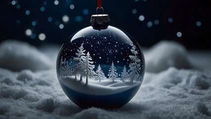 Blue Christmas Ornament on Snow with Winter Night Sky and Sparkling Stars