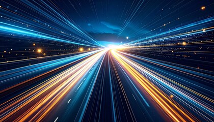 Night highway light trails with stars and sunset mountains.