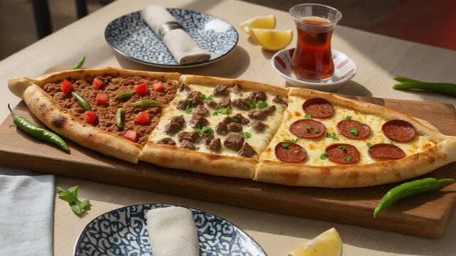 Mixed Turkish pide with three varieties&mdash;minced meat, cheese with beef cubes, and sausage slices&mdash;served on a wooden board with tea, lemon, and peppers.