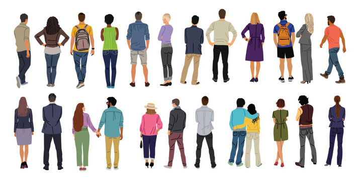 bundle of diverse people standing rear view 