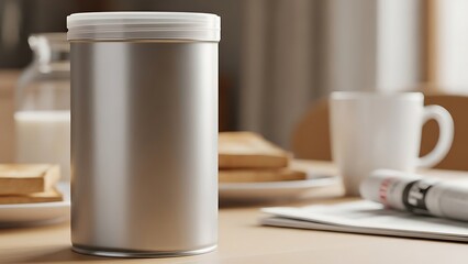 Silver Metal Container on Wooden Table with Coffee Mug and Toast in Bright Kitchen Setting