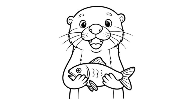Cartoon Otter Holding a Fish Illustration