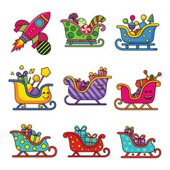 Naklejka premium Fun Christmas Sleighs Collection - Colorful Playful Flat Vector Set for Kids Design