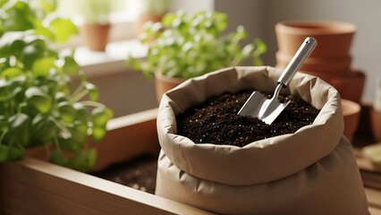 Indoor Gardening Soil Bag with Small Hand Trowel and Potted Plants in Bright Sunlight