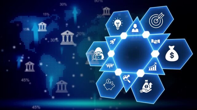 Digital infographic with hexagonal icons representing business concepts and a world map background finance