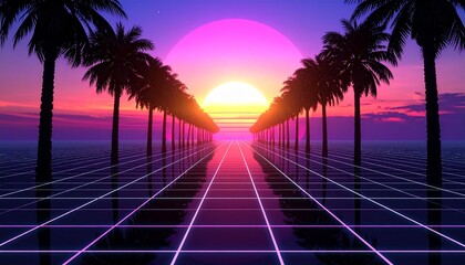 Synthwave sunset over neon grid with stars.