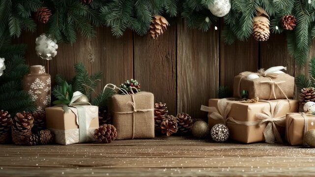 Rustic Christmas gift boxes wrapped in natural paper with pine branches cones and ornaments on a wooden background creating a cozy seasonal scene for holiday promotions
