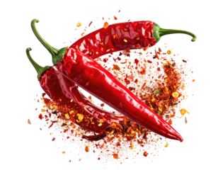 Close-up of two bright red chili peppers with flakes against a black backdrop