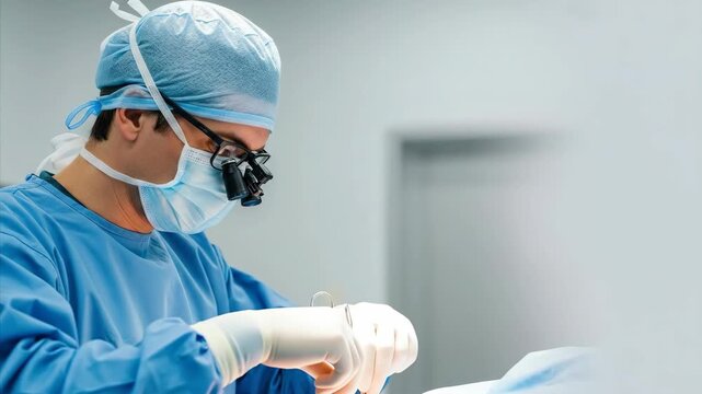 Caucasian man surgeon performing a medical operation using surgical instruments in a clean minimalist operating room