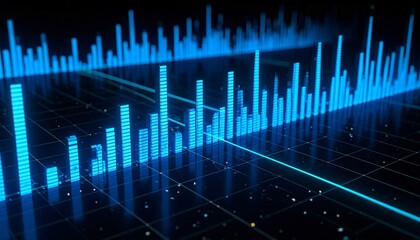 Glowing 3D bar chart over digital grid background.