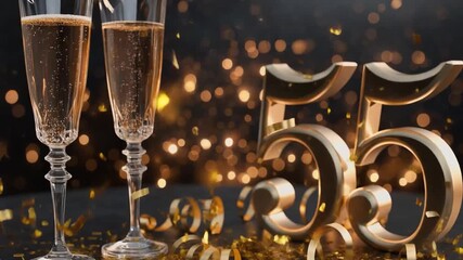 Elegant 55th anniversary celebration scene with champagne glasses, golden confetti, and shiny metallic “55” numbers against a festive sparkling background. - Powered by Adobe