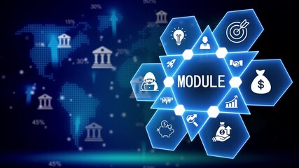 Module concept infographic with glowing neon icons and world map overlay technology digital - Powered by Adobe