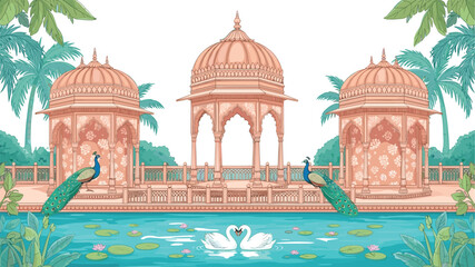 Naklejka premium Mughal Architecture Gazebo Garden, Indian Palace Pavilion, Romantic Swans on Water, Peacocks, Palm Trees, Traditional Rajasthani Style, Detailed Vector Illustration, Wedding.