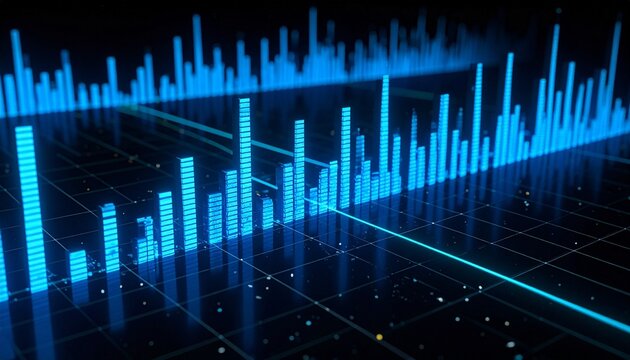 Glowing 3D bar chart over digital grid background.