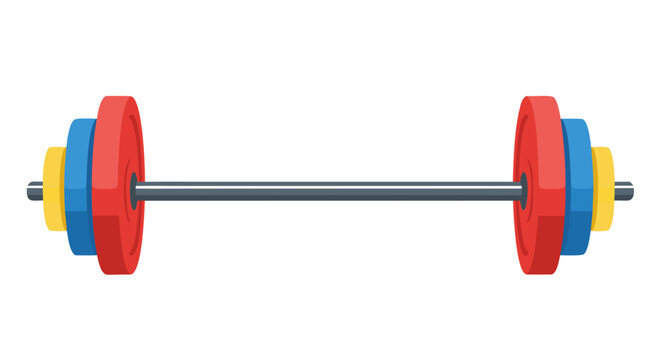 Illustration of a long barbell type weight lifting tool with several colorful weight plates (red, blue, and yellow) at both ends.
