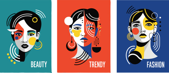 Portrait, illustration, with, abstract, woman, fashion, beauty, trendy, style, panel, color, modern, vector, content, design, aesthetic, bold, composition, graphic, art, creative, expression