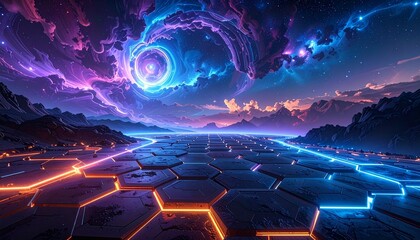 Neon hexagonal tiles glowing in cosmic space.