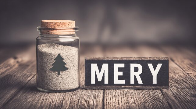 Jar with tree design and MERY text on wooden surface against blurred background.