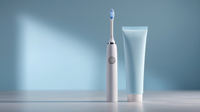 Electric toothbrush and toothpaste placed on a table with blue background