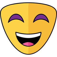 Fototapeta premium A Bright Yellow Theatre Mask With Purple Eyelids And A Wide Open Mouth Showing Teeth And Pink Tongue Against A Black Background With A Simplified Flat Design Style