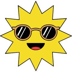 A Cartoon Sun Wearing Sunglasses with a Happy Expression Against a Black Background with Bright Yellow Rays and a Wide Smile